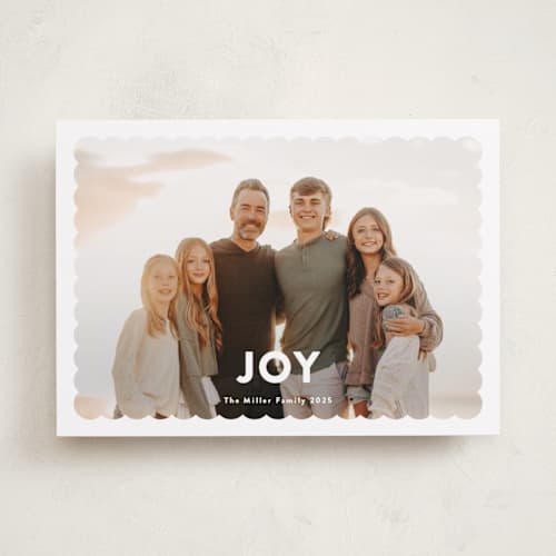 This is a snow holiday photo cards with standard by Stephanie Hawkes called joy scallop printing on recycled smooth signature in standard