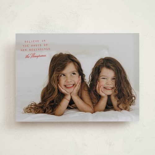 This is a cranberry holiday photo cards with standard by Heather Schertzer called believe printing on recycled smooth signature in standard