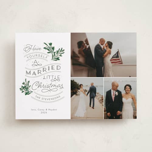 This is a evergreen holiday photo cards with standard by Sarah Brown called a little married printing on recycled smooth signature in standard