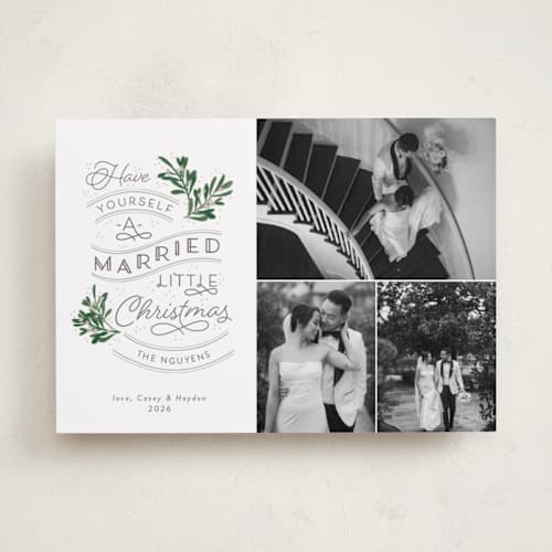 This is a evergreen holiday photo cards with standard by Sarah Brown called a little married printing on recycled smooth signature in standard