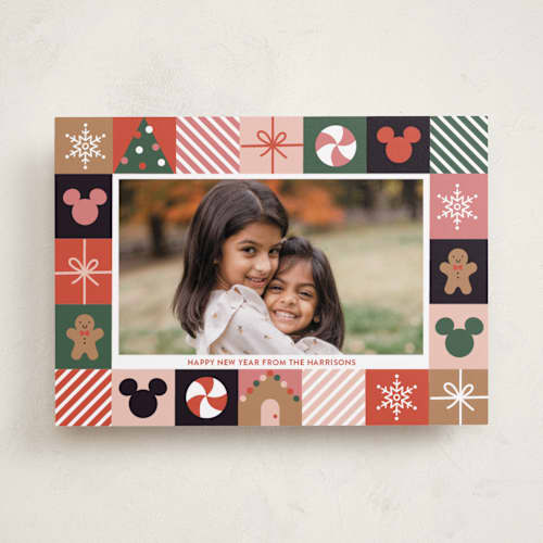 This is a holly holiday photo cards with standard by Annie Holmquist called disney's mickey mouse holiday border printing on recycled smooth signature in standard