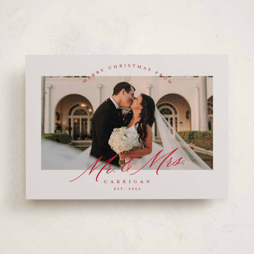 This is a tinsel holiday photo cards with standard by Pink House Press called mr. and mrs. printing on recycled smooth signature in standard