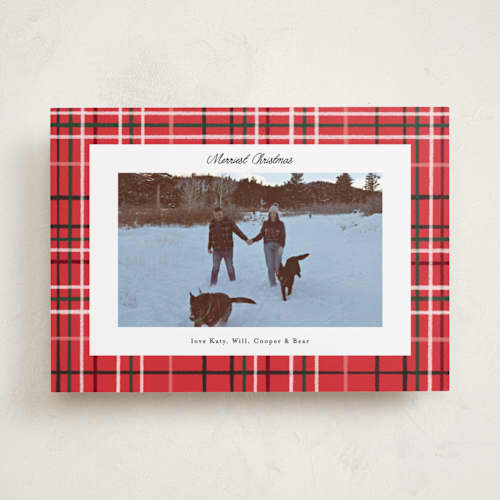 This is a poinsettia holiday photo cards with standard by Emily Sabol Goss called retro plaid printing on recycled smooth signature in standard
