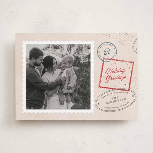 This is a cream holiday photo cards with standard by Pixel and Hank called christmas stamped printing on recycled smooth signature in standard