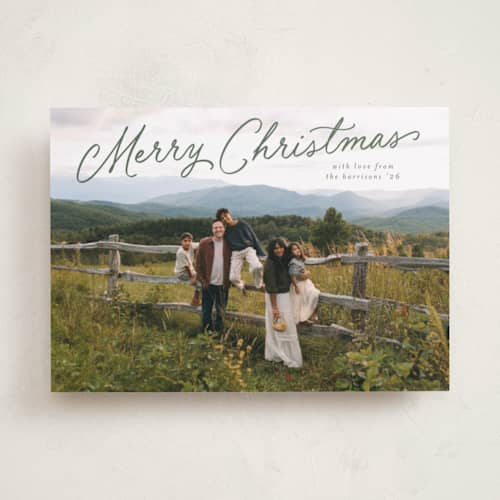 This is a eucalyptus holiday photo cards with standard by Carmia C. called nostalgic script printing on recycled smooth signature in standard