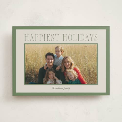 This is a mistletoe holiday photo cards with standard by Wildfield Paper Co called happiest! printing on recycled smooth signature in standard