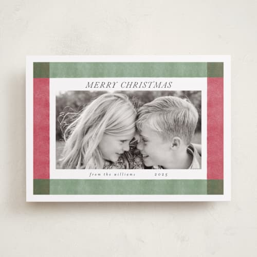 This is a crimson green holiday photo cards with standard by Chris Griffith called holiday rainbow printing on recycled smooth signature in standard