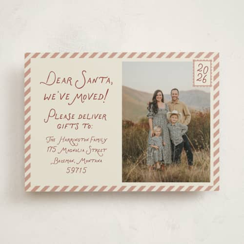 This is a toffee holiday photo cards with standard by Rebecca Dymon called dear santa, we've moved! printing on recycled smooth signature in standard