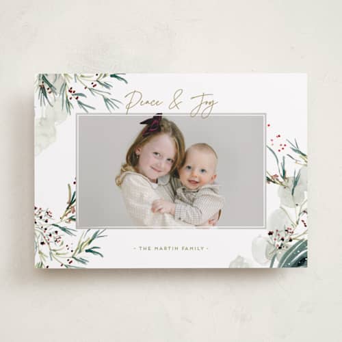This is a sage holiday photo cards with standard by Eve Schultz called tossed printing on recycled smooth signature in standard