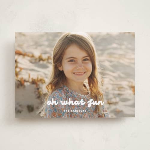 This is a snow holiday photo cards with standard by Maria Alou called what fun printing on recycled smooth signature in standard