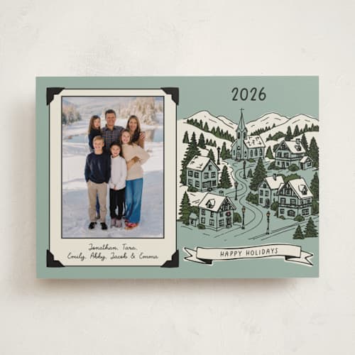This is a mint holiday photo cards with standard by Wendy Taylor called snow village printing on recycled smooth signature in standard