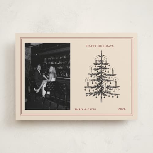 This is a maroon holiday photo cards with standard by Rina Ozum called vintage christmas printing on recycled smooth signature in standard