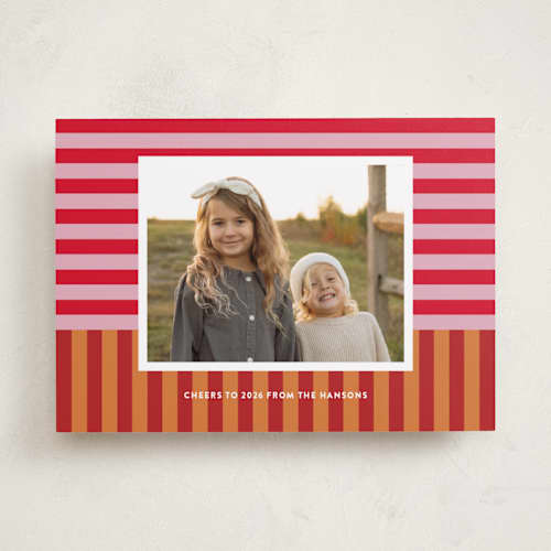 This is a nutmeg holiday photo cards with standard by Shari Margolin called festive stripes printing on recycled smooth signature in standard