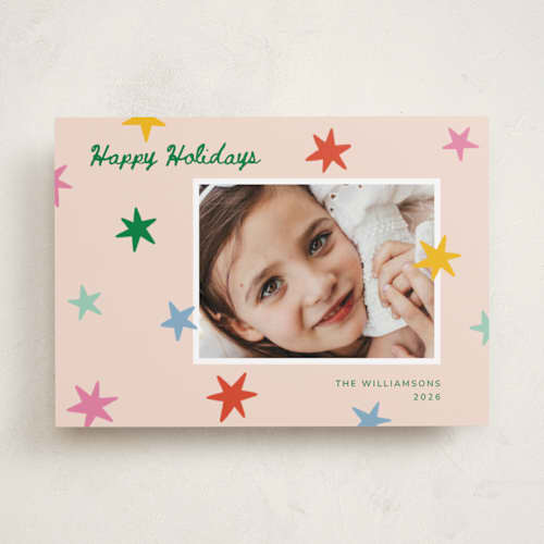 This is a pink sky holiday photo cards with standard by Kristen Magee called star pop printing on recycled smooth signature in standard