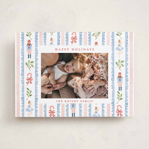 This is a blue spruce holiday photo cards with standard by Sarah Knight called nutcracker pattern printing on recycled smooth signature in standard