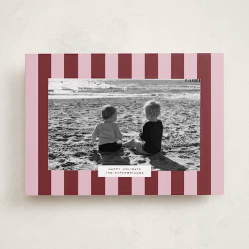 This is a berry holiday photo cards with standard by Angela Thompson called gallery stripe printing on recycled smooth signature in standard