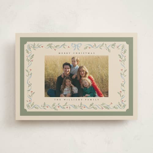 This is a mistletoe holiday photo cards with standard by Robert and Stella called christmas greenery printing on recycled smooth signature in standard