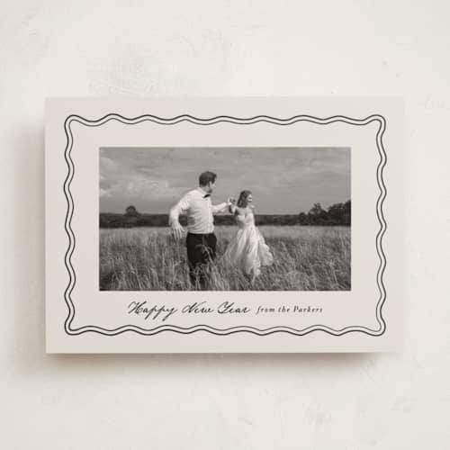 This is a eggnog holiday photo cards with standard by Brianne Larsen called wavy vintage printing on recycled smooth signature in standard