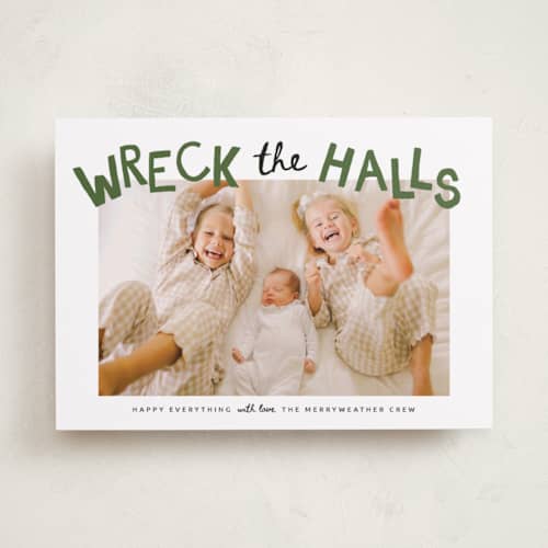 This is a tree farm holiday photo cards with standard by Kamala Nahas called wreck the halls with boughs of jolly printing on recycled smooth signature in standard