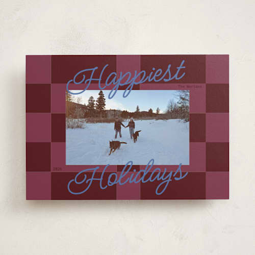 This is a burgundy holiday photo cards with standard by Inkblot Design called cozy checkers printing on recycled smooth signature in standard