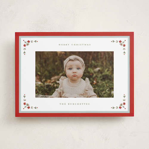 This is a holly berry holiday photo cards with standard by Wildfield Paper Co called laurel border printing on recycled smooth signature in standard