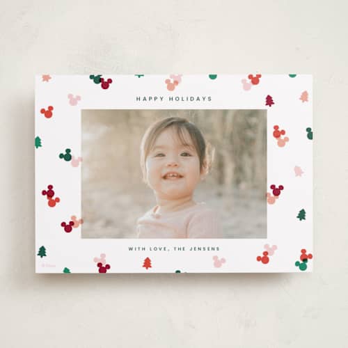This is a cherry holiday photo cards with standard by Ellen Schlegelmilch called disney's mickey confetti printing on recycled smooth signature in standard