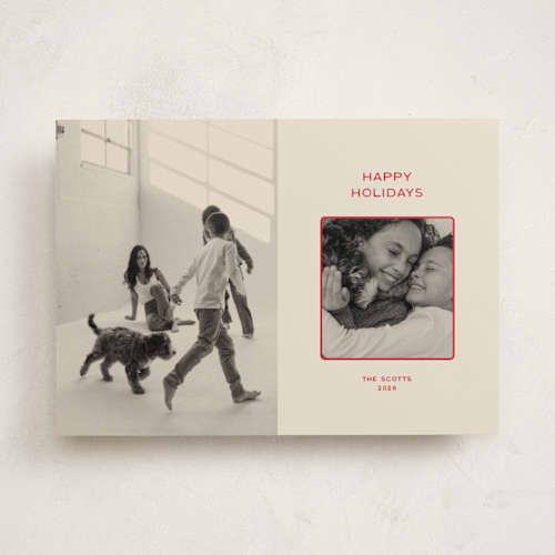 This is a cranberry holiday photo cards with standard by Ellen Schlegelmilch called holiday duo printing on recycled smooth signature in standard