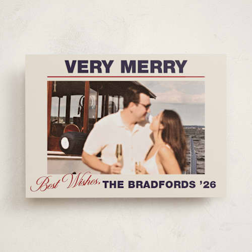 This is a navy holiday photo cards with standard by Ani Somi called masthead printing on recycled smooth signature in standard