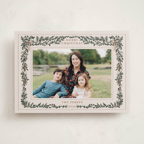 This is a champagne holiday photo cards with standard by Angel Walker called merriest botanicals printing on recycled smooth signature in standard