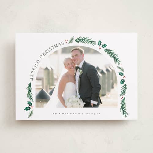 This is a snow holiday photo cards with standard by Hooray Creative called a married christmas printing on recycled smooth signature in standard