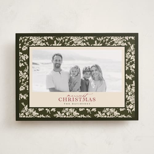 This is a pine holiday photo cards with standard by Jenna Holcomb called merry floral toile printing on recycled smooth signature in standard