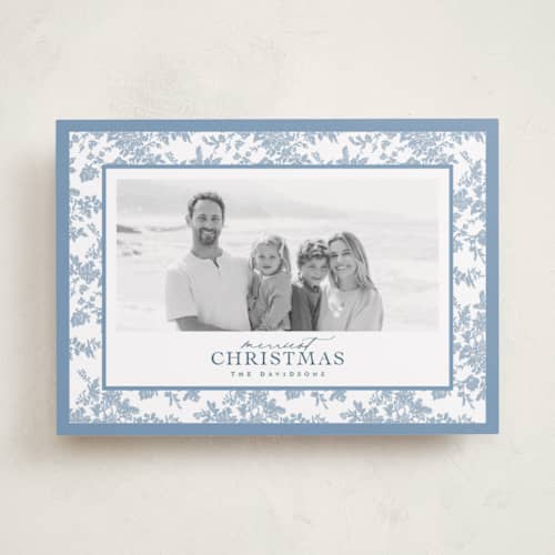 This is a powder holiday photo cards with standard by Jenna Holcomb called merry floral toile printing on recycled smooth signature in standard