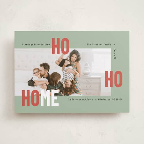 This is a sage holiday photo cards with standard by Mary Kay Garttmeier called new ho ho home printing on recycled smooth signature in standard
