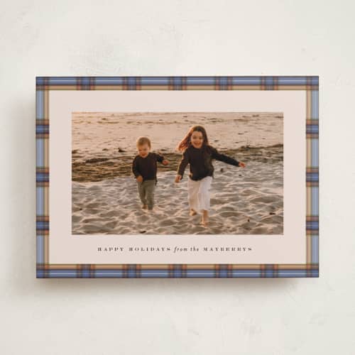 This is a cornflower holiday photo cards with standard by Olivia Kanaley Inman called taffeta tartan printing on recycled smooth signature in standard