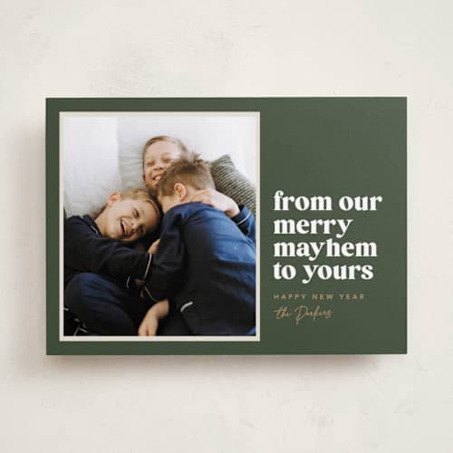 This is a pine holiday photo cards with standard by Robert and Stella called our merry mayhem printing on recycled smooth signature in standard