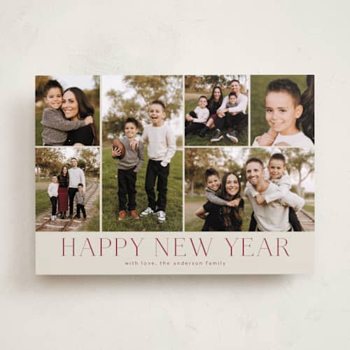 This is a cranberry holiday photo cards with standard by Kimberly Morgan called holiday photo grid printing on recycled smooth signature in standard