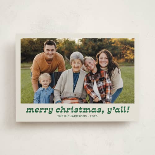 This is a cactus holiday photo cards with standard by Megan Davis called pecos printing on recycled smooth signature in standard