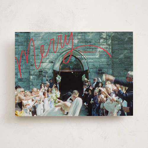 This is a rouge holiday photo cards with standard by Becky Nimoy called merry hand lettered script printing on recycled smooth signature in standard