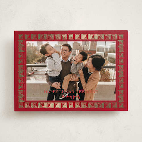 This is a cardinal chinese new year cards with foil pressed by Malty Designs called lunar festival border printing on recycled smooth signature in standard