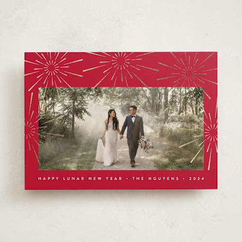 This is a garnet chinese new year cards with foil pressed by Heather Schertzer called lunar celebration printing on recycled smooth signature in standard