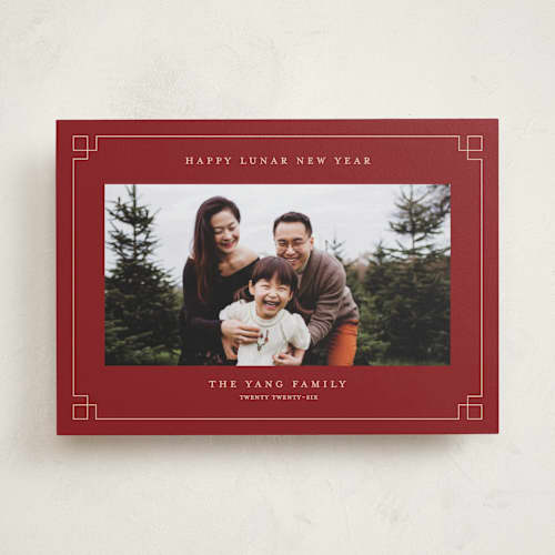 This is a cranberry chinese new year cards with standard by Pixel and Hank called happy lunar new year printing on recycled smooth signature in standard