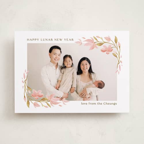 This is a blossom chinese new year cards with standard by curiouszhi called spring magnolia frame printing on recycled smooth signature in standard