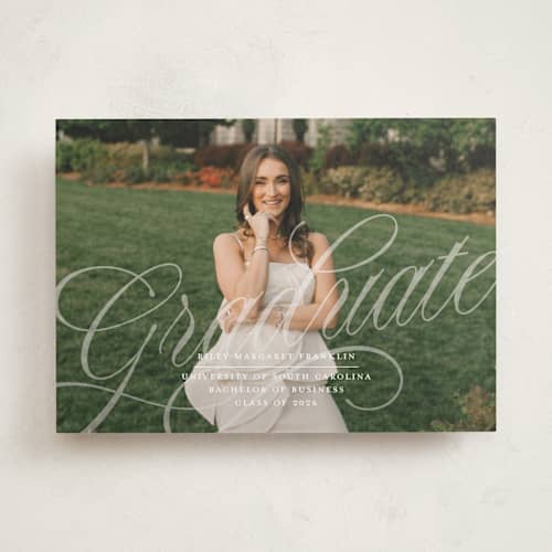 This is a pearl graduation announcements with standard by Paper Raven Co. called savannah script printing on recycled smooth signature in standard