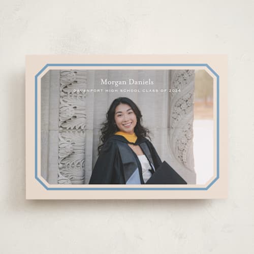 This is a robins egg graduation announcements with standard by Carolyn MacLaren called angled frame printing on recycled smooth signature in standard