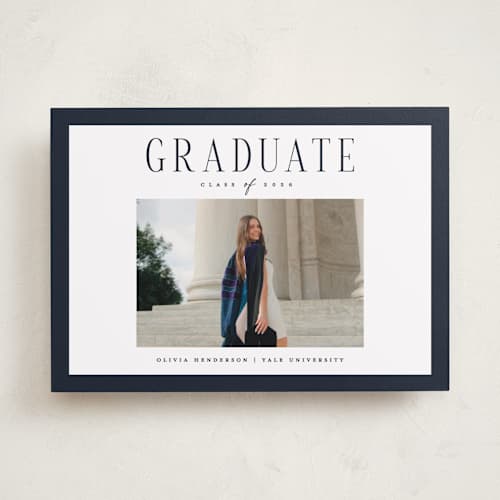 This is a navy graduation announcements with standard by Christy Hy Lee called classic layout printing on recycled smooth signature in standard