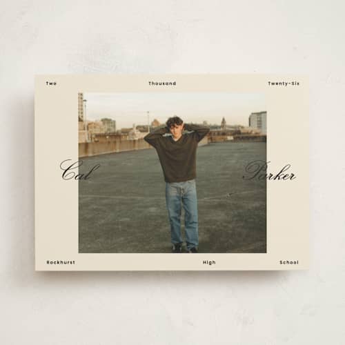 This is a sand graduation announcements with standard by Rachel Cassel called perfectly scripted printing on recycled smooth signature in standard