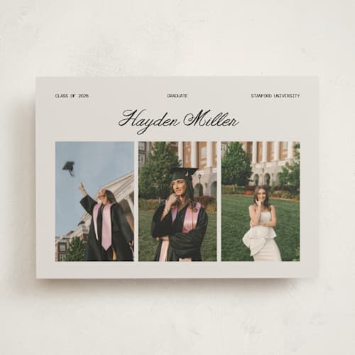 This is a silk graduation announcements with standard by Cass Loh called trio gallery printing on recycled smooth signature in standard