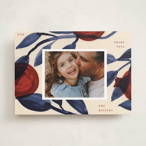 This is a pomegranate rosh hashanah cards with standard by Sumak Studio called pomegranates and blue twigs printing on recycled smooth signature in standard