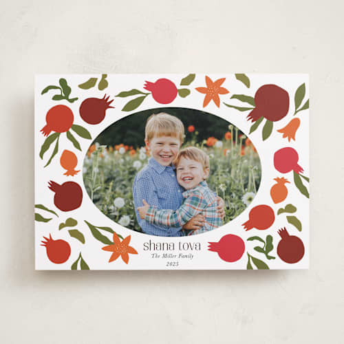 This is a pomegranate rosh hashanah cards with standard by Becky Nimoy called new year pomegranates printing on recycled smooth signature in standard