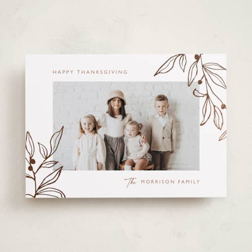 This is a chocolate thanksgiving cards invitations with foil pressed by Katherine Moynagh called harvest berries printing on recycled smooth signature in standard
